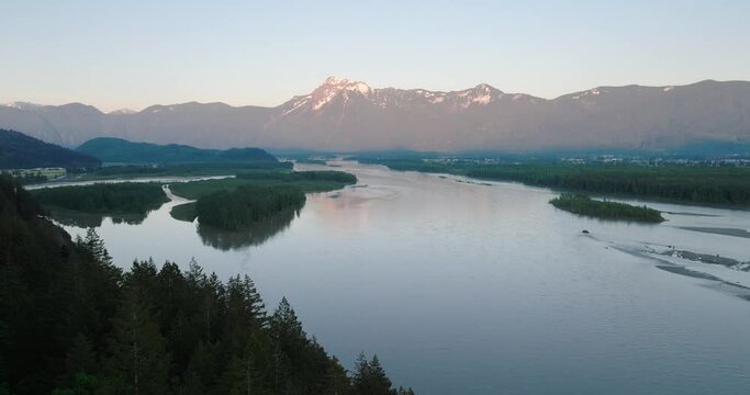 Aerial view of Fraser river valley and mountain landscape in British Columbia