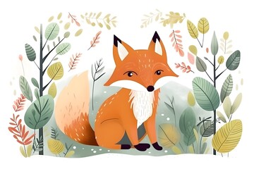 Cute fox in the forest. Simple flat illustration for children. Generative AI.