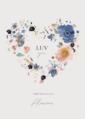 Elegant wedding invite. Floral heart shape wreath. Watercolor vector illustration. Dusty blue, pink anemone flowers, white hydrangea petals, berries, gold glitter stroke bouquet. Designer party poster