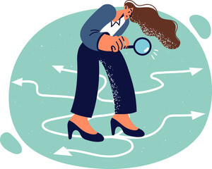 Business woman using magnifying glass standing near arrows symbolizing options for solving problem