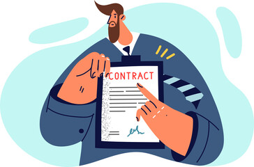 Businessman holds contract urging employees or partners to comply with terms of agreements