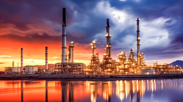 Refinery plant of a petrochemical industry on beautiful sunset sky background.
