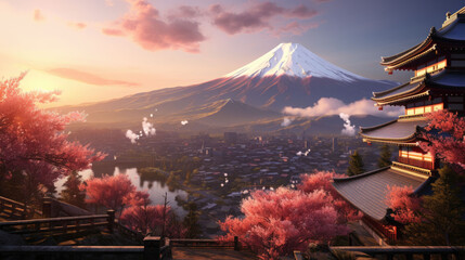 Japanese temple and fuji mountain in the morning