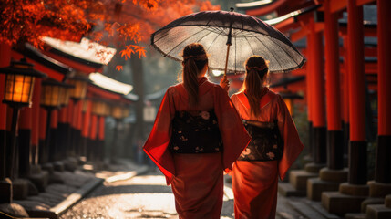 Naklejka premium Women in traditional Japanese kimonos walking at Fushimi Inari Shrine in Kyoto, Japan, Kimono women, and umbrella