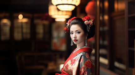 Fototapeta na wymiar woman in Kimono red dress on the street