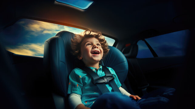 Cheerful of a cute toddler boy sitting in a car seat. Child transportation safety