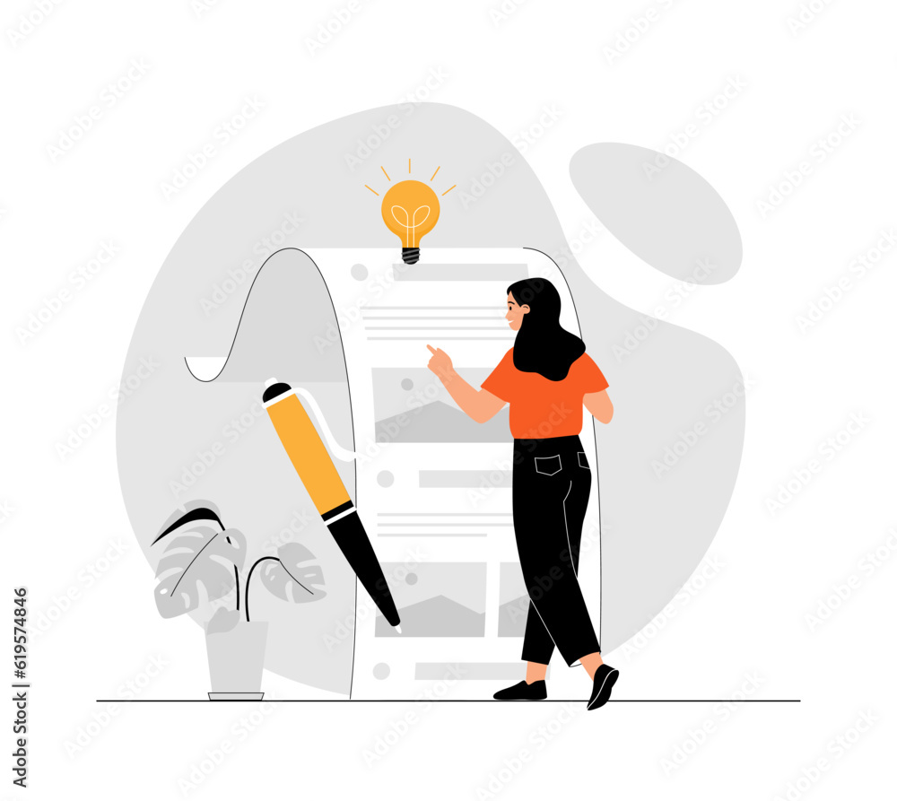 Aufkleber copywriter, content manager, blogger write for social networks. woman create promotion in social net