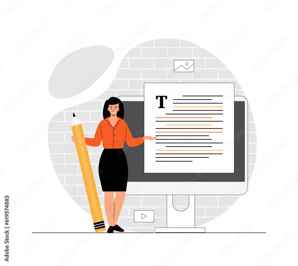 Aufkleber copywriter with article on the web page. woman creates interesting content for websites and social n