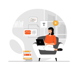 Copywriting concept. Woman writing texts, interesting content and promotion. Making valuable content and working as freelancer. Illustration with people scene in flat design for website and mobile 