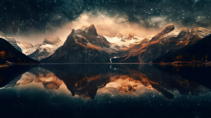 Fototapeta na wymiar starry sky over mountains and lake
