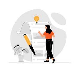 Copywriter, content manager, blogger write for social networks. Woman create promotion in social networks and interesting content. Illustration with people scene in flat design for website and mobile
