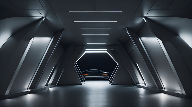 Black c ar in a dark Futuristic Modern Garage, 3D rander Illustration. Generative AI