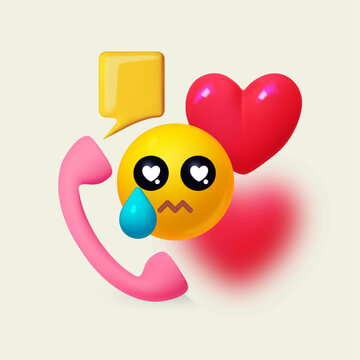 Unrequited love and feelings concept. Yellow ball with face, phone and heart. Emotion expression
