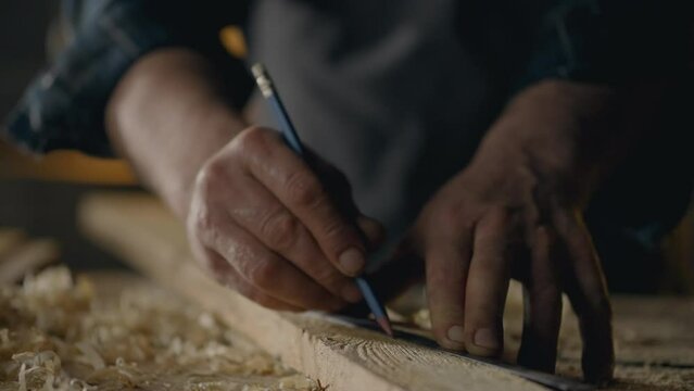 Carpentry, Worker Definitely Marks marks with a pencil draws a line In a carpentry shop Camera in motion Furniture assembly worker Is at the workplace at a table In a furniture shop, tools
