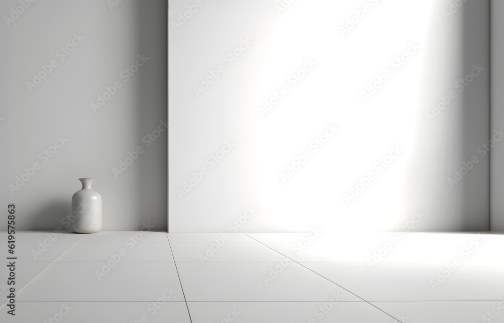 Poster creative mock concept. empty zen large empty wall room with natural shadow and vase. banner template