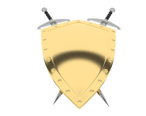 Shield with swords isolated on transparent background. 3d rendering - illustration