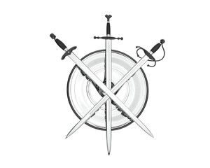 Shield with swords isolated on transparent background. 3d rendering - illustration