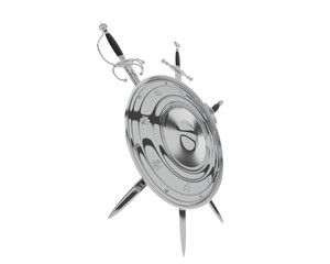 Shield with swords isolated on transparent background. 3d rendering - illustration