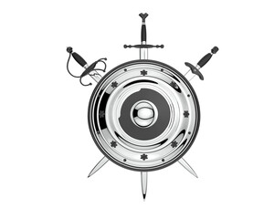 Shield with swords isolated on transparent background. 3d rendering - illustration