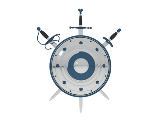 Shield with swords isolated on transparent background. 3d rendering - illustration