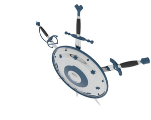 Shield with swords isolated on transparent background. 3d rendering - illustration