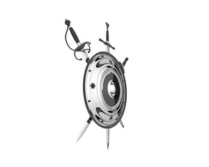 Shield with swords isolated on transparent background. 3d rendering - illustration