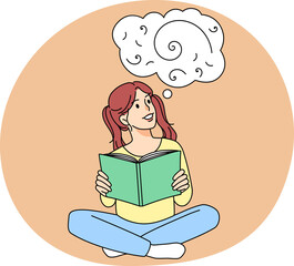 Smiling girl child read book imagining