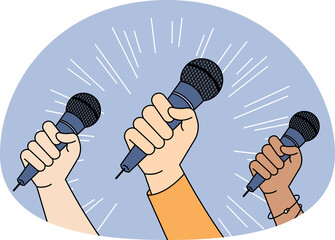 Diverse people with microphones go for freedom of speech