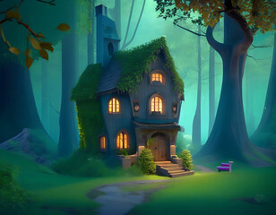An animated beautiful ghost house in the dense forest.