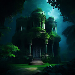 An animated beautiful ghost house in the dense forest.