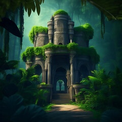 An animated beautiful ghost house in the dense forest.