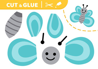 Blue butterfly. Cut and glue. Butterfly. Applique. Paper game. Vector