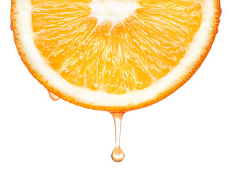 Fresh juicy orange slice dripping juice
