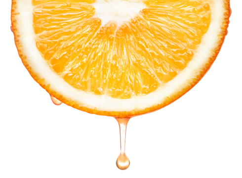 Fresh juicy orange slice dripping juice