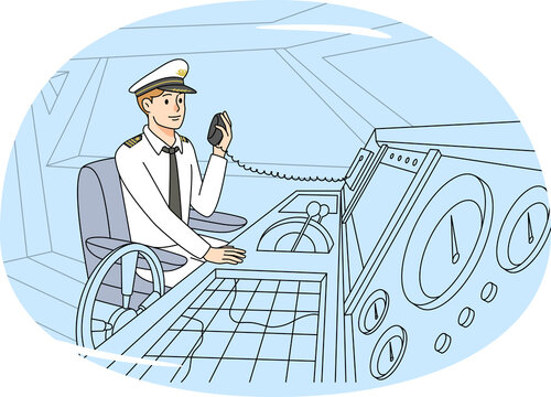 Boat captain in uniform talk on radio