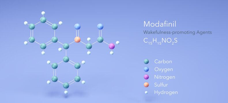modafinil molecule, molecular structures, wakefulness-promoting agents, 3d model, Structural Chemical Formula and Atoms with Color Coding
