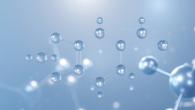 piperonal molecular structure 3d, flat model, aromatic aldehydes, structural chemical formula view from a microscope
