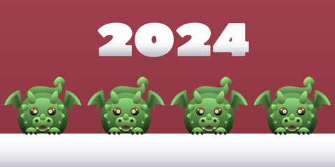 Red White Banner with Green Dragons. 2024 New Year. Christmas. Background, template, pattern, banner, poster.