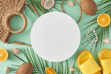 The concept of a seaside summer escape. Top view shot of straw bag, flip-flops, oranges, palm leaves, coconuts, seashells on turquoise background with blank circle for advert or message