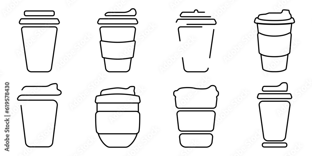 Poster Coffee cups linear vector set. Vector set of outlines of paper cups. Latte and espresso glasses vector.