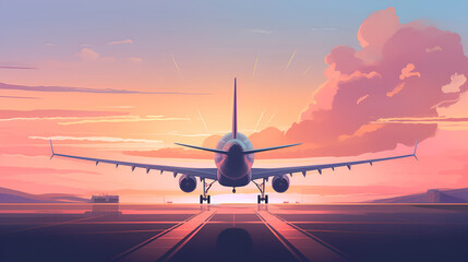 Naklejka na ściany i meble Passenger plane landing on the runway of the airport in the city against the backdrop of a sunset in pink and purple colors. illustration. Generation AI
