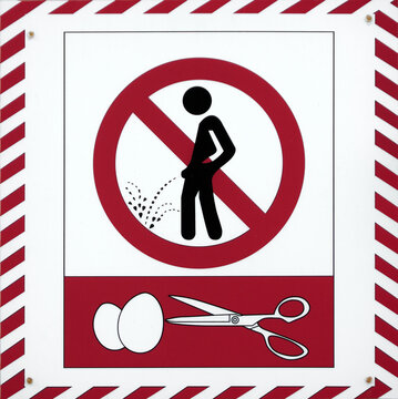 Sign prohibiting urination with testicles and scissors.