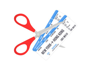 Scissors cut the plane ticket. Modern airline tickets design with flight time and passenger name. Cancellation trip. Plane tickets vector pictogram. Airline boarding pass template. Vector illustration