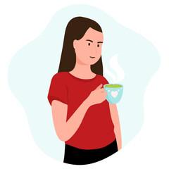 Little girl with hot drink or green tea in her hands. Happy female kid holding cup of drink. Funny cartoon character in cartoon style. Flat vector illustration.