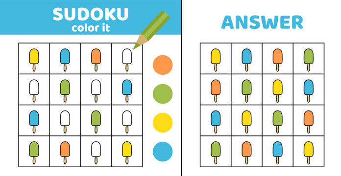 Sudoku. Stick ice cream. Coloring sudoku with eskimo pie. Cartoon