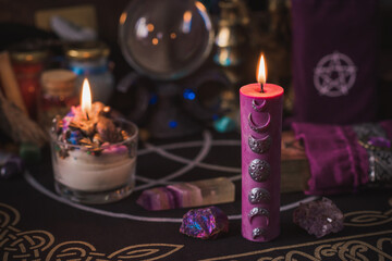  Illustration of witch altar. Concept of destiny and prediction. Magic and energy, wicca and pagan...