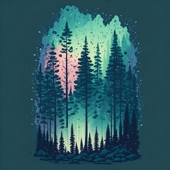 Magical Pine Forest Landscape t-shirt Design with Vibrant Pale Green Colors and Dark Background