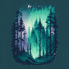 Magical Pine Forest Landscape t-shirt Design with Vibrant Pale Green Colors and Dark Background