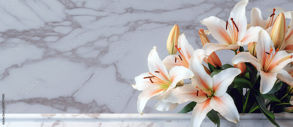 Wall mural Beautiful white flowers, lilies , over marble background. Bouquet of flowers at cemetery , funeral concept.