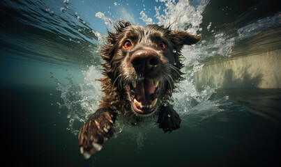 Dog plunging into water created with Generative AI Technology, ai, generative
